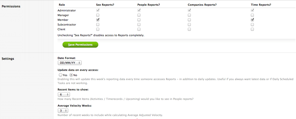 Reports Plus Settings - Permissions and Options