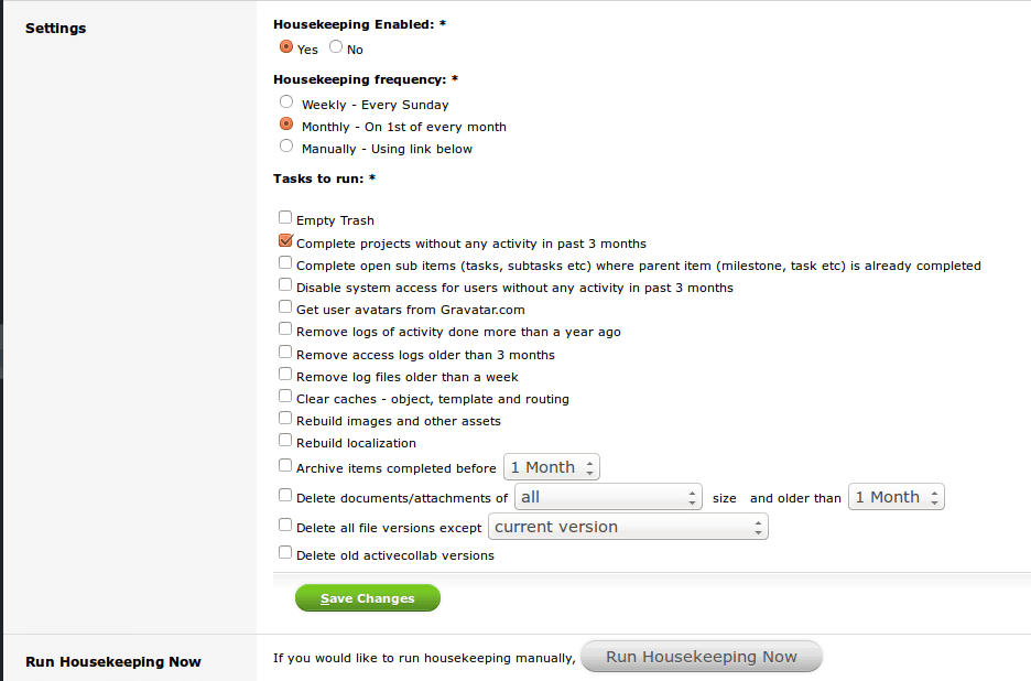 Housekeeping Actions and Settings