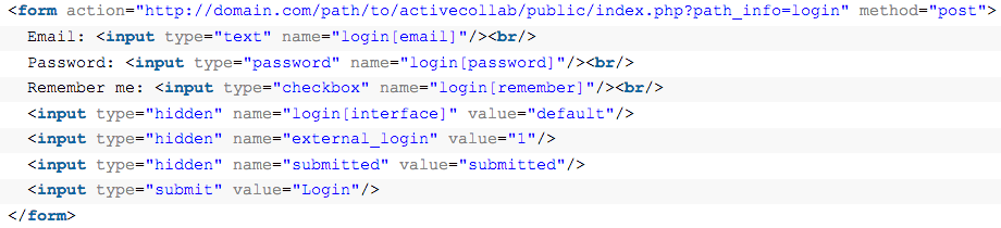Use HTML code like this to insert an activeCollab login form on your site
