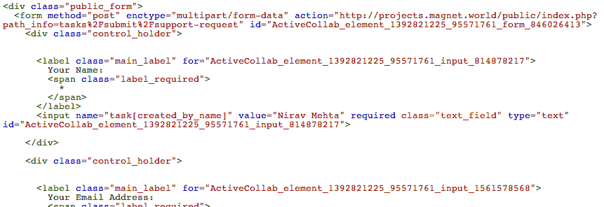 Copy HTML code from Public Task Submit form and paste it to your site - make sure to keep form and input fields intact. You can skip the "id"s, and will need to point URL to your own