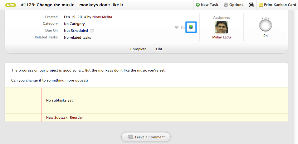 A task submitted via public form within activeCollab - notice the globe like icon indicating this was submitted from a public form